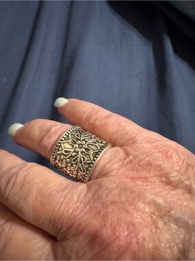 Ornate Floral Filigree Wide Band Statement Ring Stainless Steel